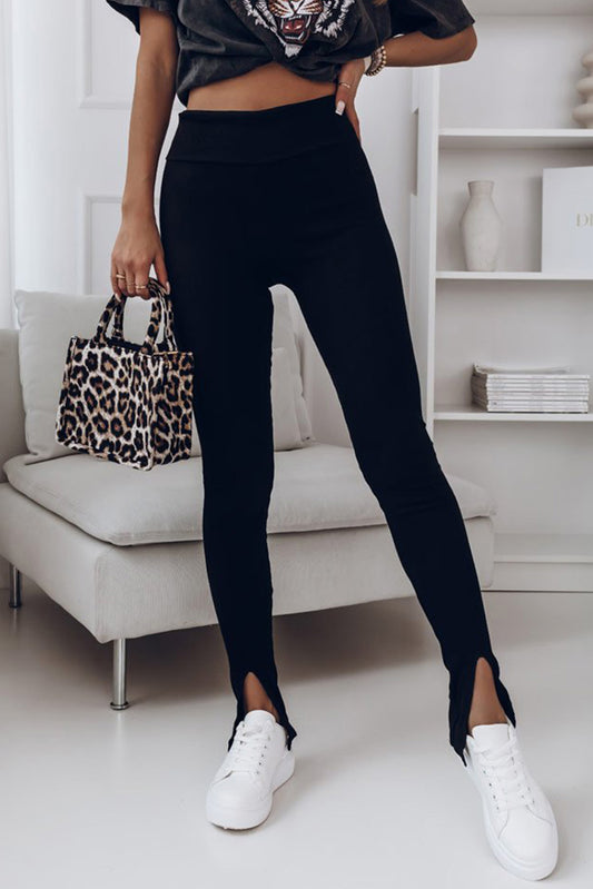 High Waist Ribbed Slit Leggings - Premium Leggings from Trendsi - Just $42.75! Shop now at Handbags Specialist Headquarter