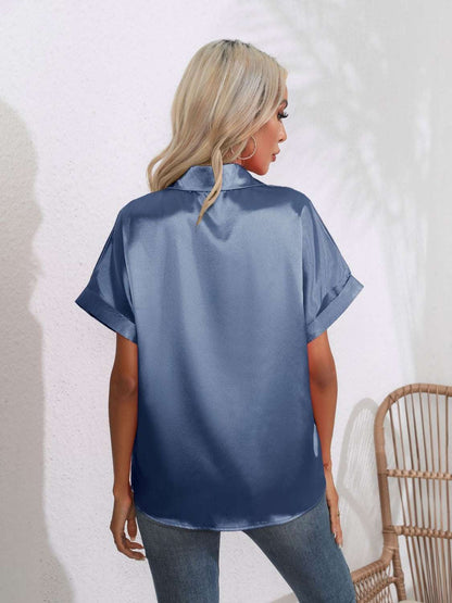 Button Down Collared Neck Short Sleeve Satin Shirt - Premium Women / Tops from Trendsi - Just $18.76! Shop now at Handbags Specialist Headquarter