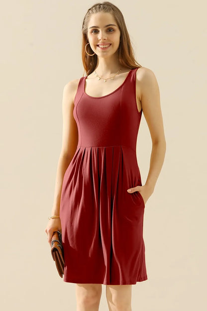 Doublju Full Size Round Neck Ruched Sleeveless Dress with Pockets - Premium Dresses from Trendsi - Just $15.99! Shop now at Handbags Specialist Headquarter