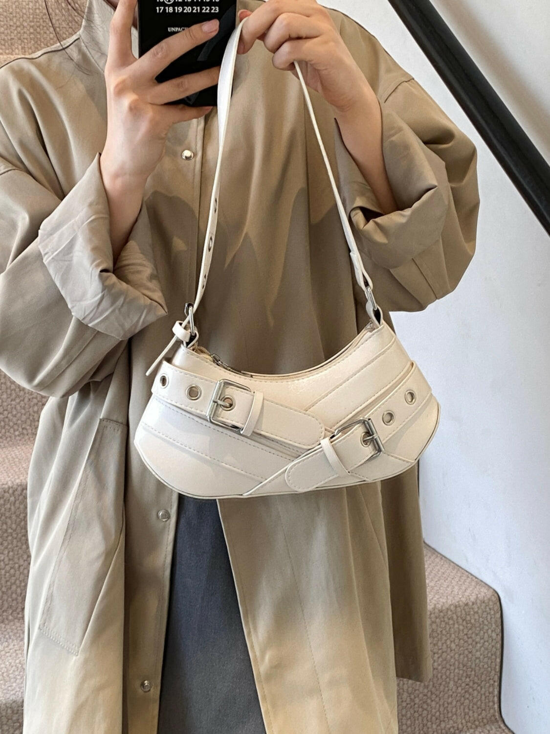 PU Leather Buckle Shoulder Bag.