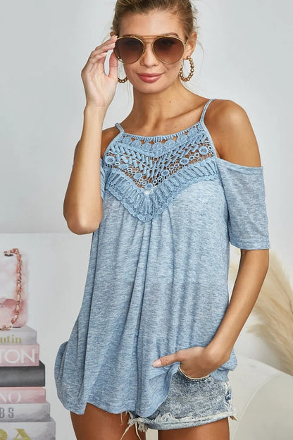 BiBi Front Crochet Lace Adjustable Strap Top - Premium Women / Jeans & Denim from Trendsi - Just $29.68! Shop now at Handbags Specialist Headquarter