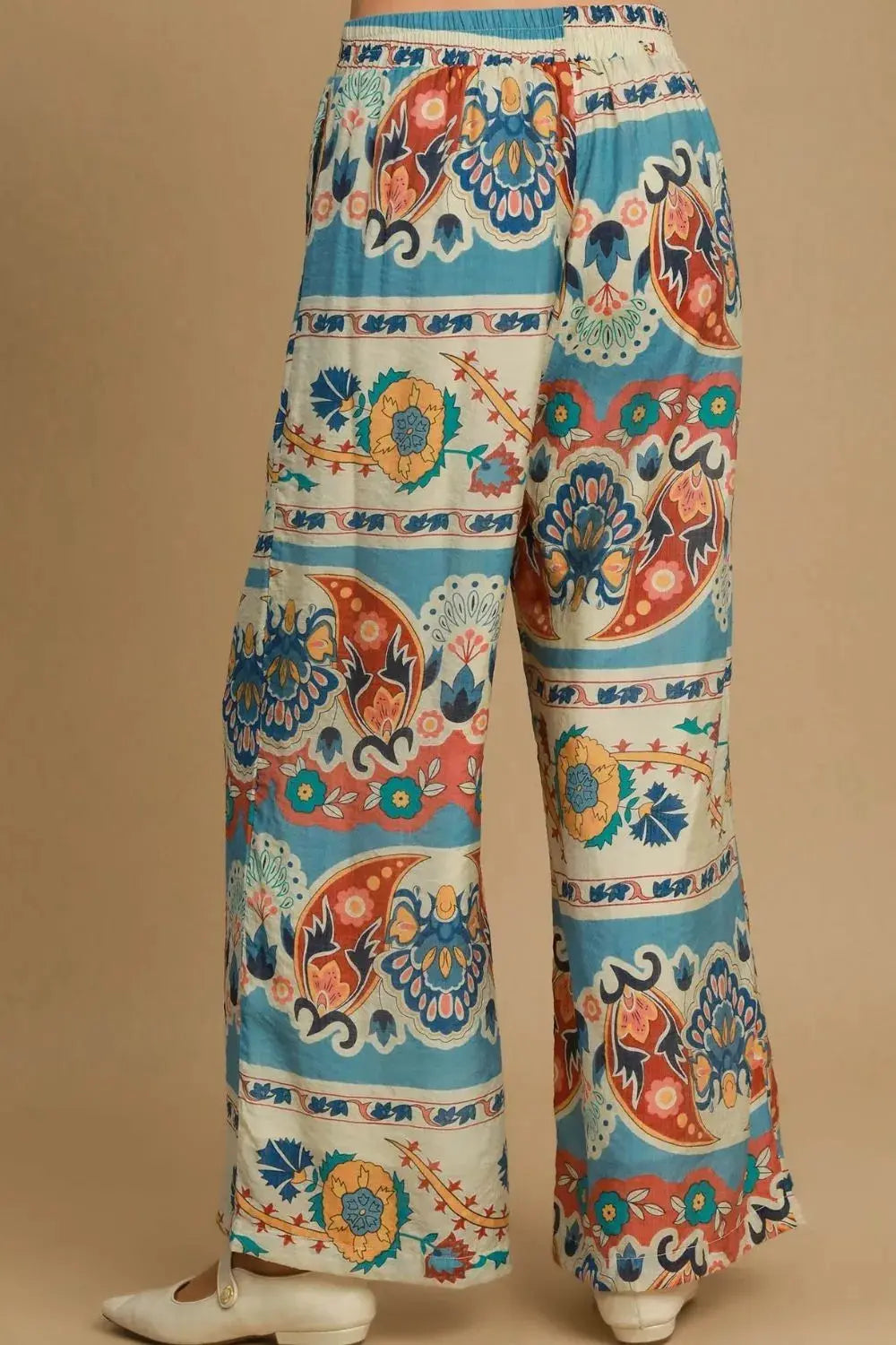 Umgee Full Size Wide Leg Border Print Pants Plus Size.