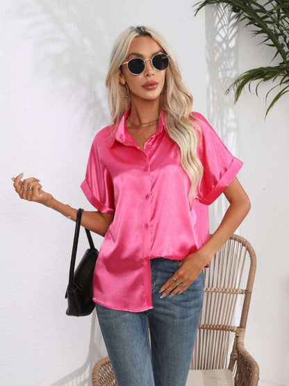 Button Down Collared Neck Short Sleeve Satin Shirt - Premium Women / Tops from Trendsi - Just $18.76! Shop now at Handbags Specialist Headquarter
