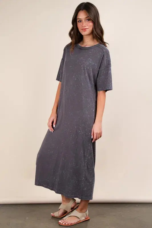 VERY J Plus Size Mineral Washed Casual Comfy Midi Dress.
