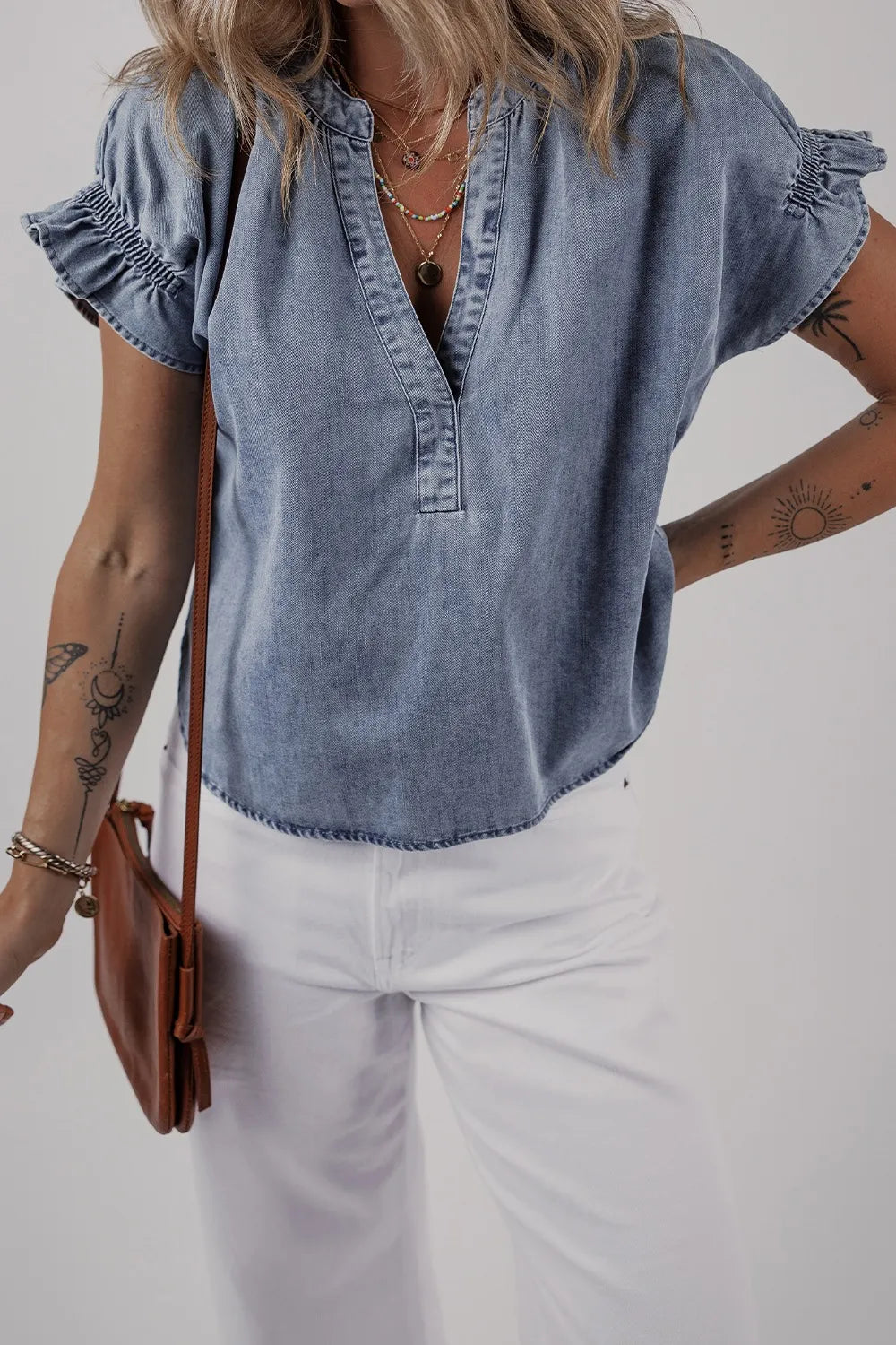 V Neck Ruffled Short Puff Sleeve Denim Top - Premium Women / Jeans & Denim from Trendsi - Just $39.06! Shop now at Handbags Specialist Headquarter