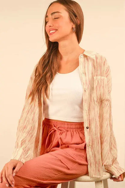 VERY J Plus Size Oversized Printed Button Up Shirt.