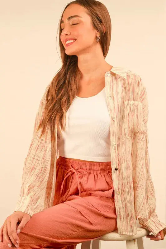 VERY J Plus Size Oversized Printed Button Up Shirt.