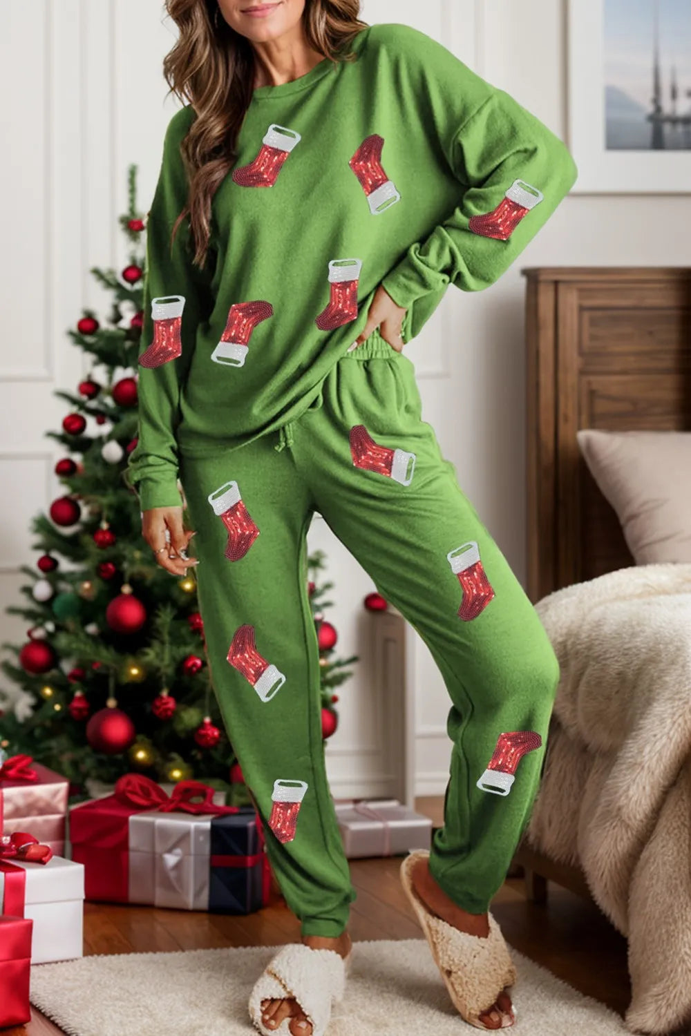 Sequin Socks Round Neck Long Sleeve Top and Pants Lounge Set - Premium Sleepwear from Trendsi - Just $47.72! Shop now at Handbags Specialist Headquarter