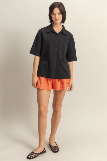 HYFVE Collared Neck Button Down Waffle Shirt - Premium Women's Down Shirt Tops from Trendsi - Just $35.56! Shop now at Handbags Specialist Headquarter