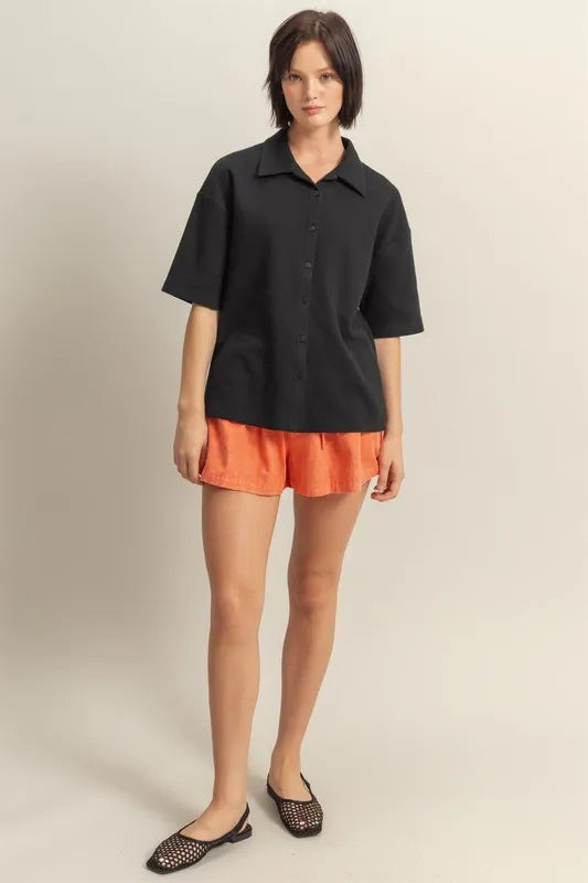 HYFVE Collared Neck Button Down Waffle Shirt - Premium Women's Down Shirt Tops from Trendsi - Just $35.56! Shop now at Handbags Specialist Headquarter
