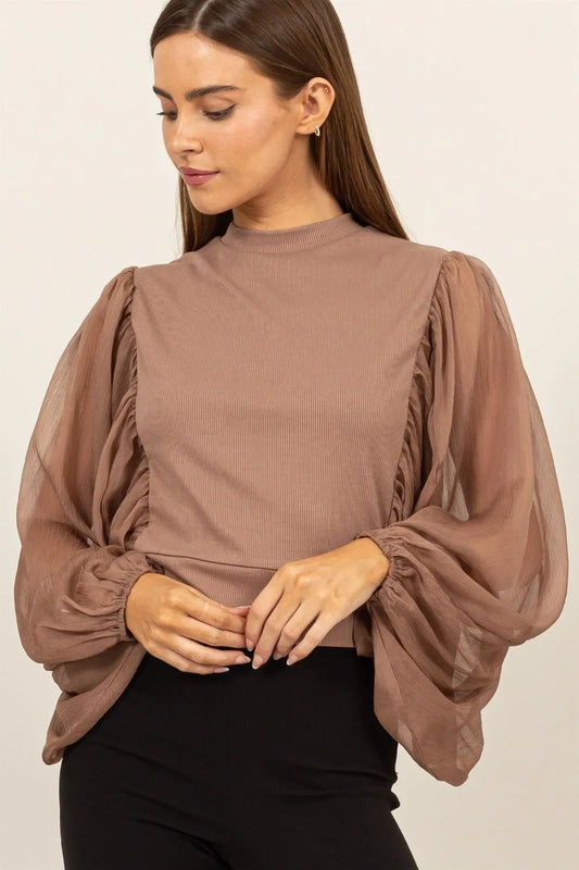 HYFVE Ruched Sheer Long Sleeve Mock Neck Blouse - Premium Women / Jeans & Denim from Trendsi - Just $35.92! Shop now at Handbags Specialist Headquarter