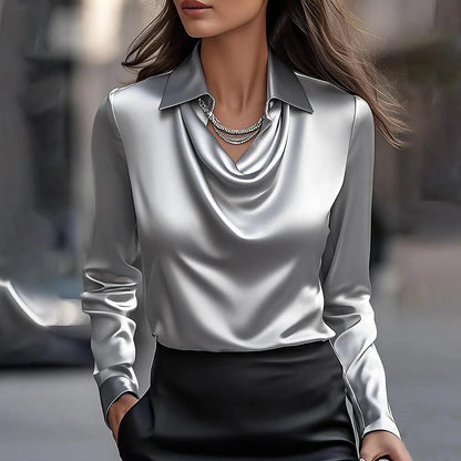 Satin Swing Collar Blouse - Elegant Office Top