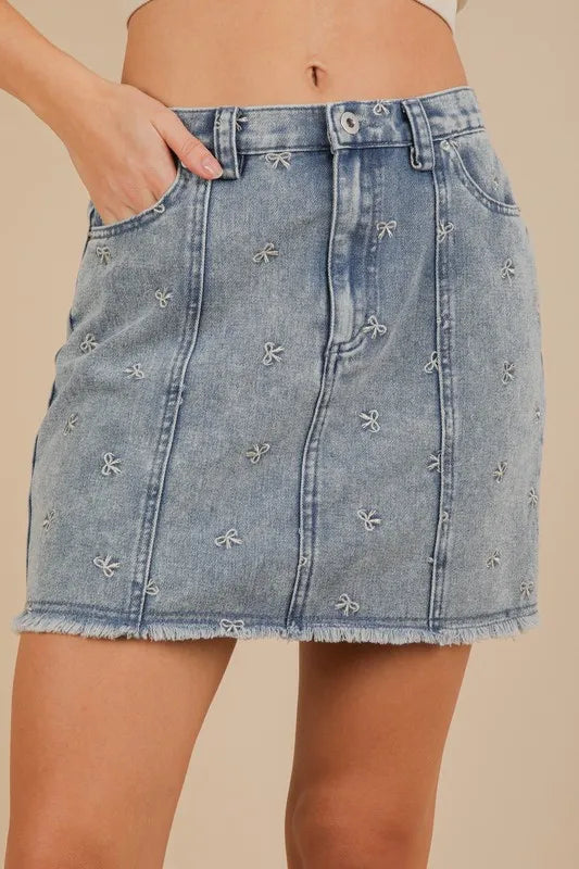 VERY J Bow Printed Casual Denim Mini Skirt - Premium Women / Jeans & Denim from Trendsi - Just $38.88! Shop now at Handbags Specialist Headquarter