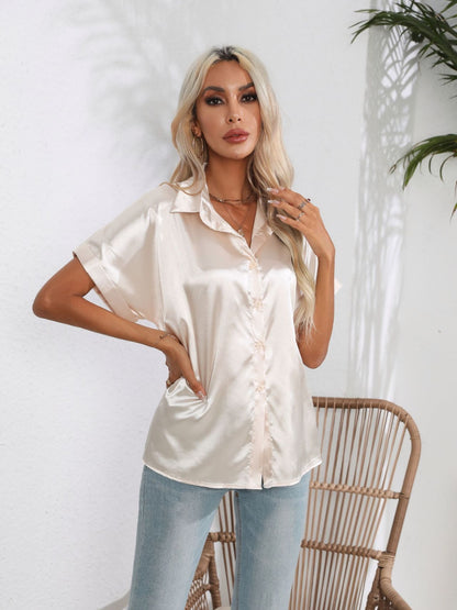 Button Down Collared Neck Short Sleeve Satin Shirt - Premium Women / Tops from Trendsi - Just $18.76! Shop now at Handbags Specialist Headquarter