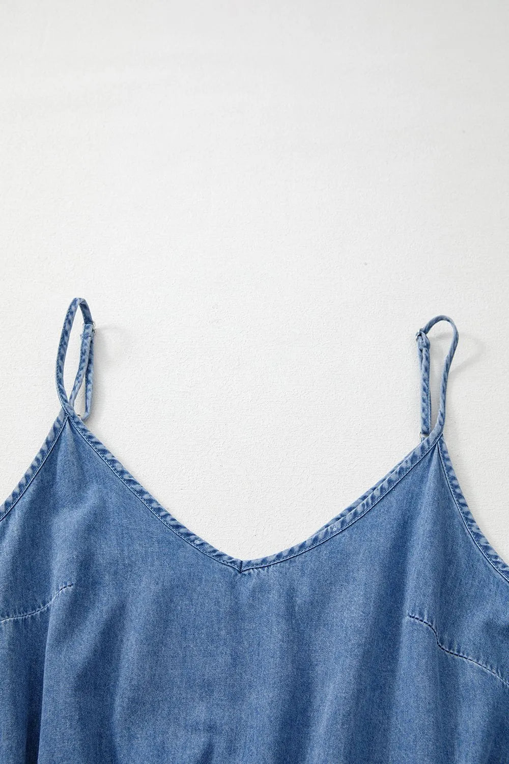 Spaghetti Straps V Neck Belted Ruffled Leg Chambray Romper - Premium Women / Jeans & Denim from Trendsi - Just $45.60! Shop now at Handbags Specialist Headquarter