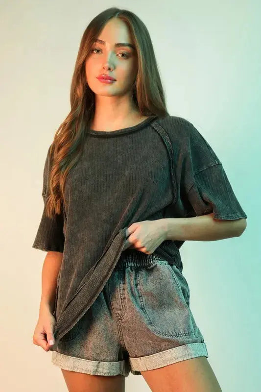 VERY J Plus Size Mineral Washed Ribbed Knit Casual Top.