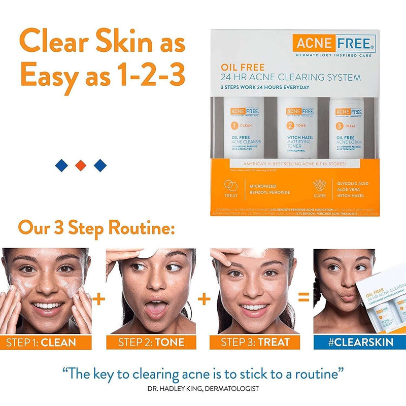 Acne Free 3 Step 24 Hour Acne Treatment Kit - Clearing System W Oil Free Acne Cleanser, Witch Hazel Toner, & Oil Free Acne Lotion - Acne Solution W/ Benzoyl Peroxide for Teens and Adults - Original - Premium  from AcneFree - Just $37! Shop now at Handbags Specialist Headquarter