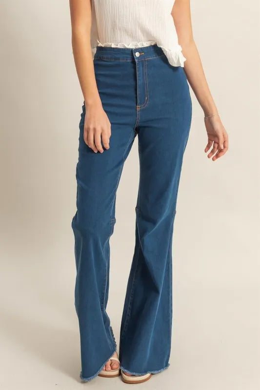 HYFVE Raw Hem High-Waist Washed Flared Jeans - Premium Women / Jeans & Denim from Trendsi - Just $43.52! Shop now at Handbags Specialist Headquarter