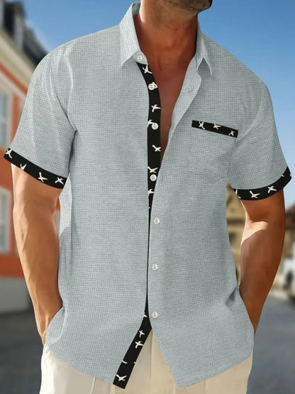 Men's Full Size Contrast Trim Waffle Knit Short Sleeve Shirt Plus Size - Premium Men's Shirts from Trendsi - Just $34.50! Shop now at Handbags Specialist Headquarter