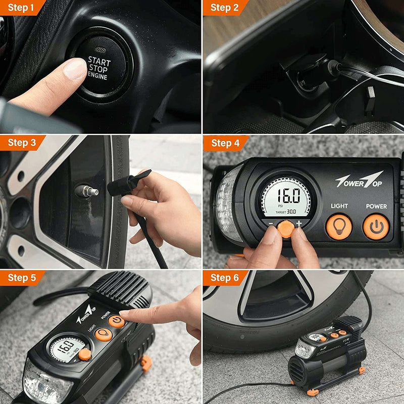 Air Compressor Tire Inflator: Portable 12V DC Air Pump for Car Tires 2X Faster Tire Pump with Digital Pressure Gauge, LED Emergency Lights for Car, Bicycle, Moto, SUV, Ball (Towertop AC-TF PRO) - Premium  from TowerTop - Just $224.81! Shop now at Handbags Specialist Headquarter