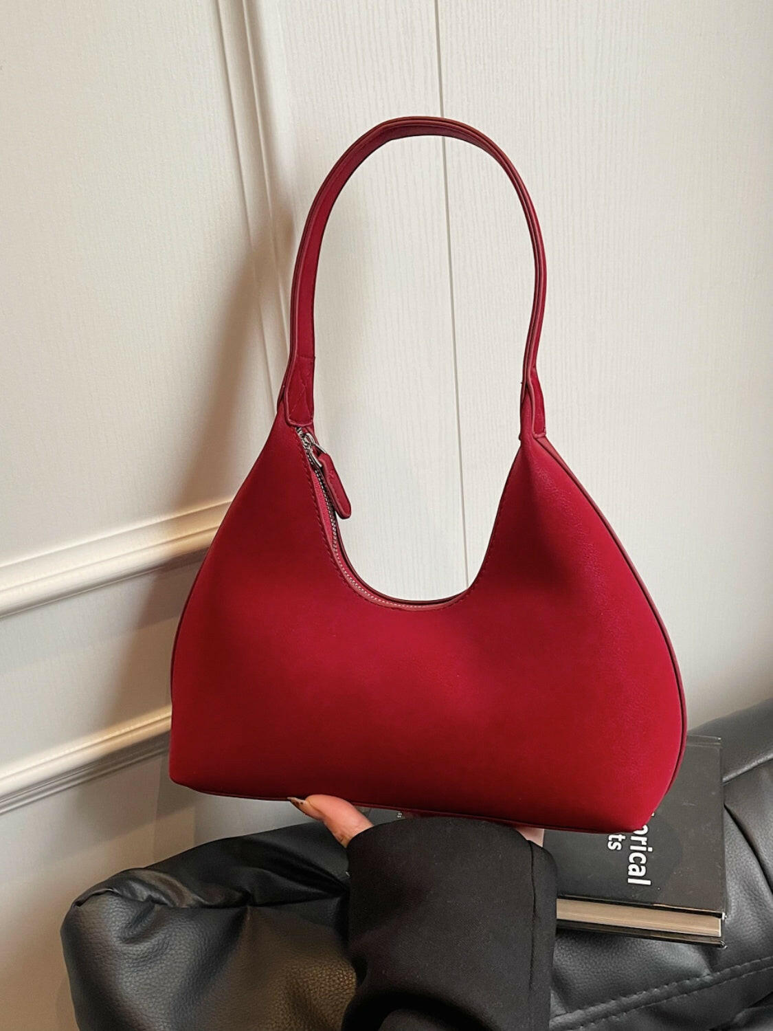 Suede Shoulder Bag with Zip.