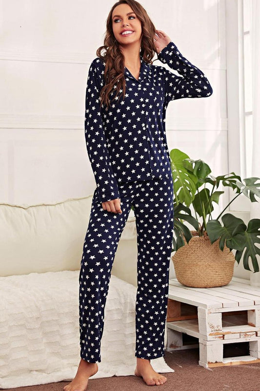Star Print Button-Up Shirt and Pants Lounge Set - Premium Sleepwear from Trendsi - Just $37! Shop now at Handbags Specialist Headquarter