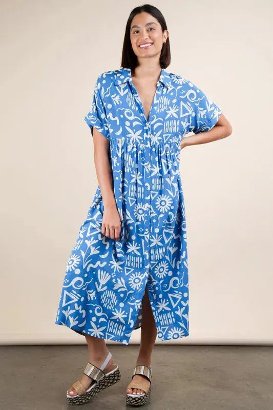 VERY J Plus Size Oversized Printed Shirt Midi Dress.
