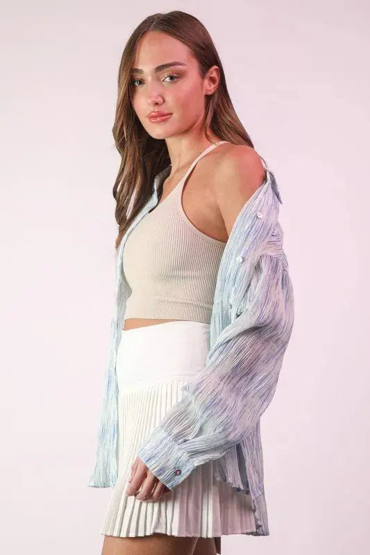 VERY J Plus Size Oversized Printed Button Up Shirt.