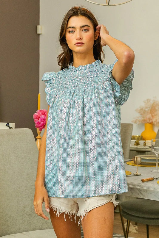 BiBi Clear Sequin All-over Gingham Smocked Top - Premium Women / Jeans & Denim from Trendsi - Just $69.36! Shop now at Handbags Specialist Headquarter