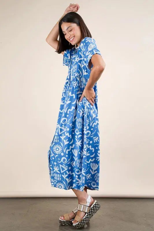 VERY J Plus Size Oversized Printed Shirt Midi Dress.