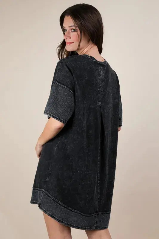 VERY J Plus Size Mineral Washed Comfy Casual Knit Mini Dress.