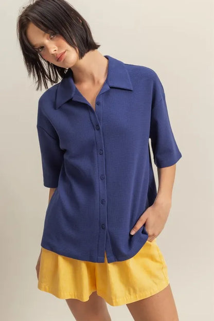 HYFVE Collared Neck Button Down Waffle Shirt - Premium Women's Down Shirt Tops from Trendsi - Just $35.56! Shop now at Handbags Specialist Headquarter