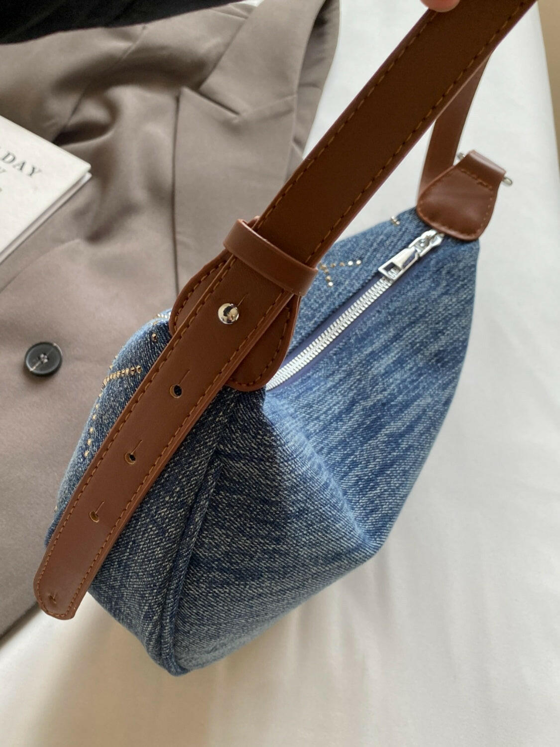 Rhinestone Denim Shoulder Bag.