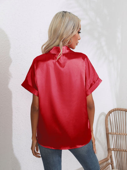 Button Down Collared Neck Short Sleeve Satin Shirt - Premium Women / Tops from Trendsi - Just $18.76! Shop now at Handbags Specialist Headquarter