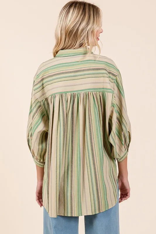Mittoshop Striped Bubble Sleeve Button Down Shirt - Premium Women's Down Shirt Tops from Trendsi - Just $43.10! Shop now at Handbags Specialist Headquarter
