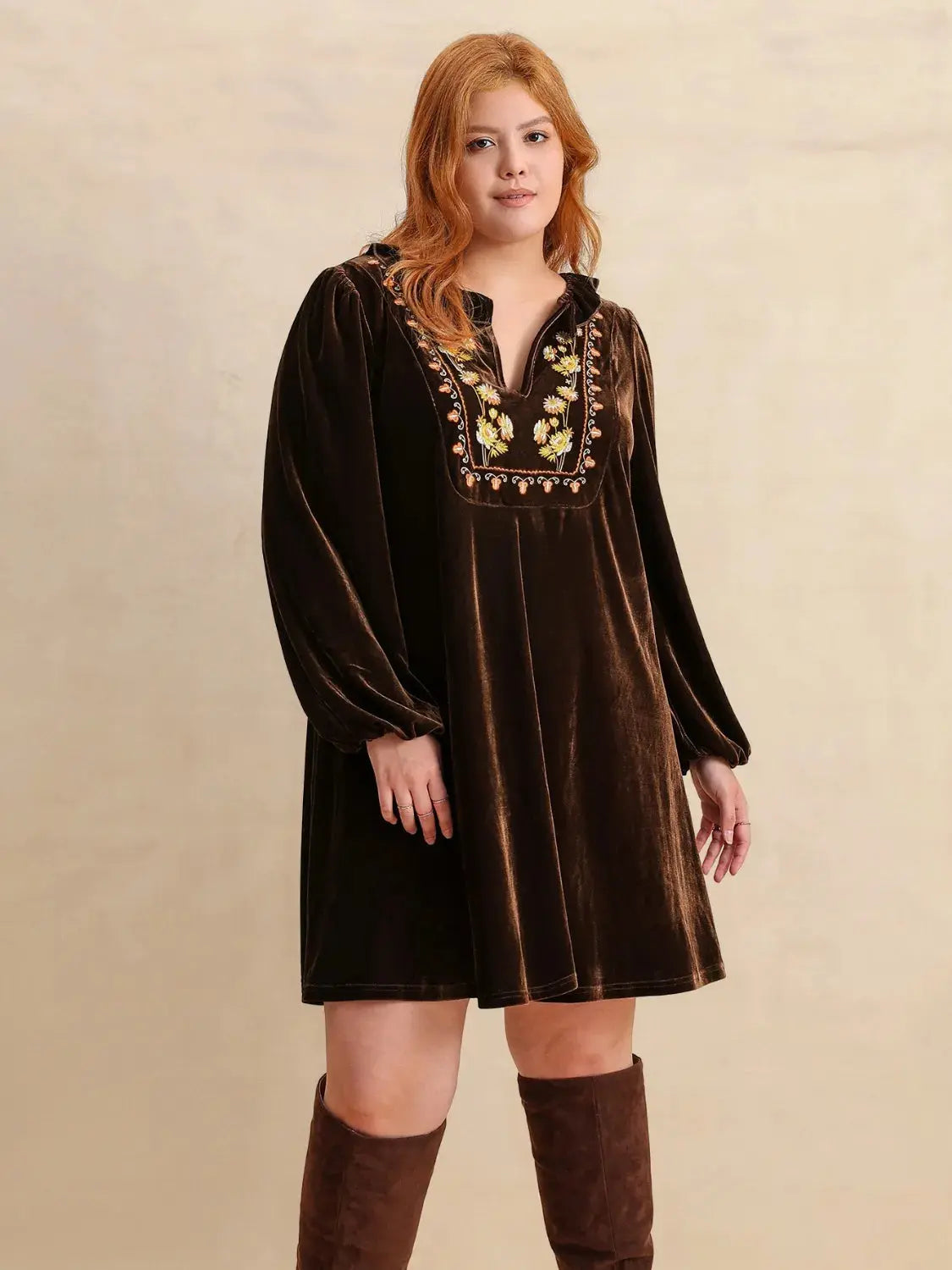 Plus Size Embroidered Notched Balloon Sleeve Mini Dress.