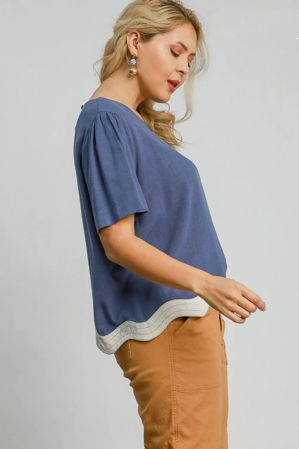 Umgee Full Size Linen Blend Scalloped Hem Top Plus Size - Premium Men's Shirts from Trendsi - Just $41.06! Shop now at Handbags Specialist Headquarter
