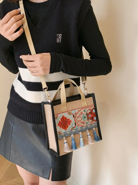 Vintage Embroidered Tassel Handbag with Canvas Strap - Premium handbags from Trendsi - Just $18.99! Shop now at Handbags Specialist Headquarter