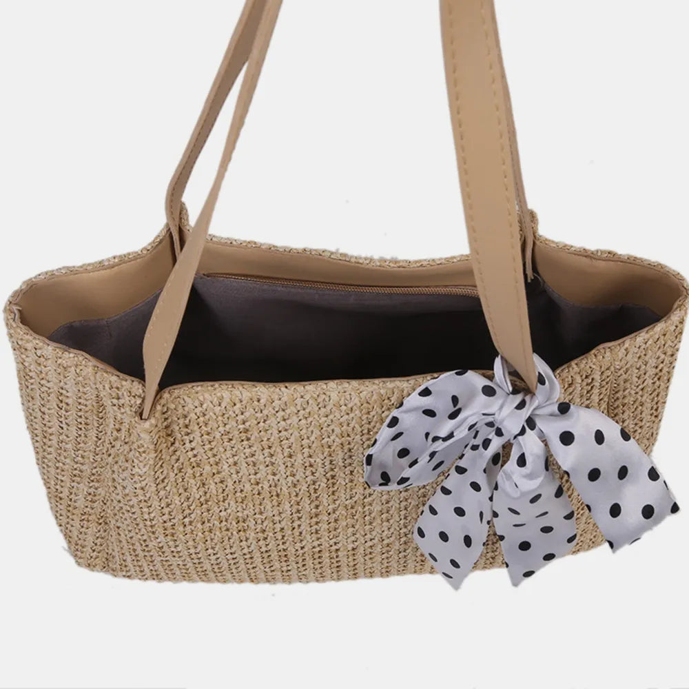 Straw Woven Leather Strap Handbag - Premium Handbags from Trendsi - Just $24.99! Shop now at Handbags Specialist Headquarter