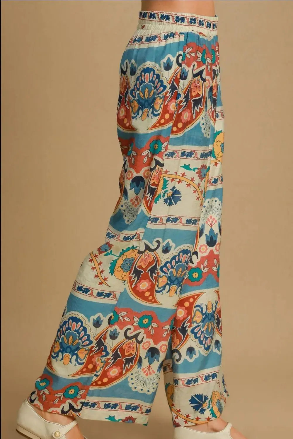 Umgee Full Size Wide Leg Border Print Pants Plus Size.