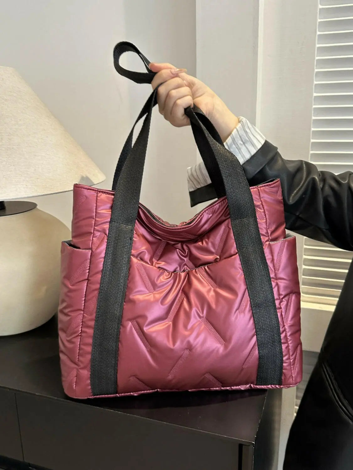 Solid Color Tote Bag with Side Pockets.