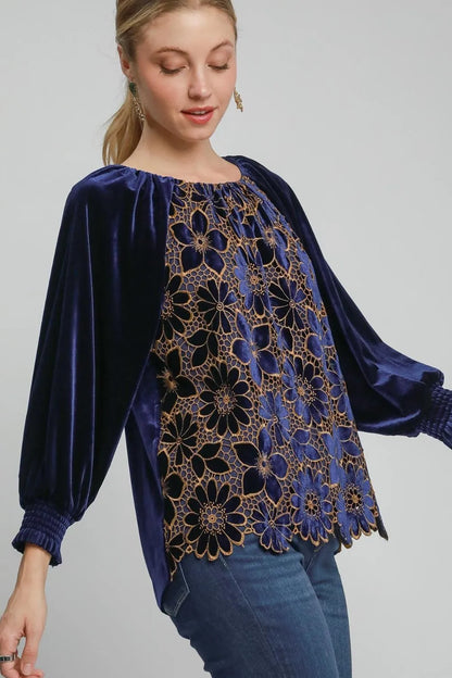 Umgee Full Size Floral Lace Velvet Raglan Sleeve Top Plus Size - Premium Dresses from Trendsi - Just $46.99! Shop now at Handbags Specialist Headquarter