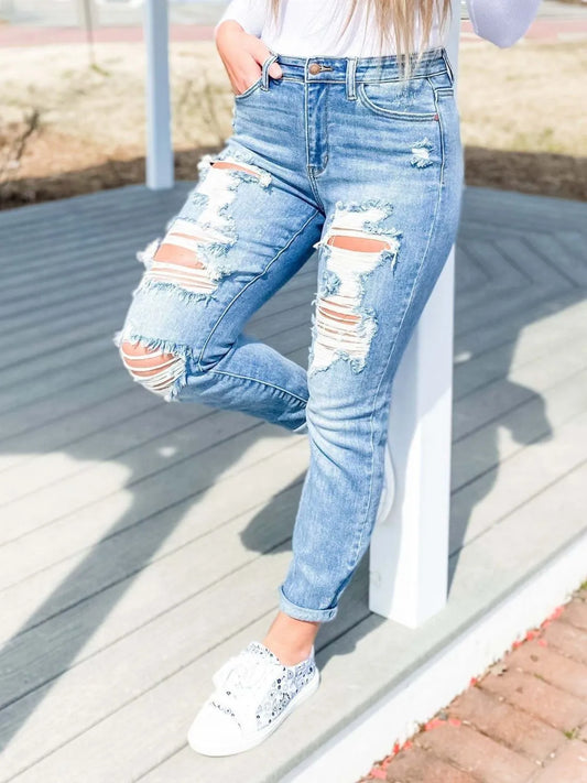 Distressed Skinny Jeans - Premium Women / Jeans & Denim from Trendsi - Just $32.10! Shop now at Handbags Specialist Headquarter