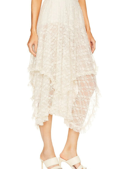 Asymmetrical Lace Midi Skirt - Premium Skirts from Trendsi - Just $41.99! Shop now at Handbags Specialist Headquarter
