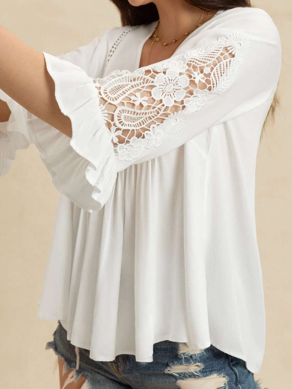 V-Neck Lace Flounce Sleeve Top - Premium Women / Tops from Trendsi - Just $33.50! Shop now at Handbags Specialist Headquarter
