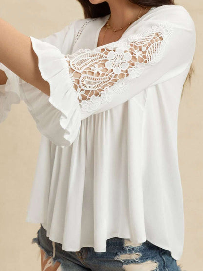 V-Neck Lace Flounce Sleeve Top - Premium Women / Tops from Trendsi - Just $33.50! Shop now at Handbags Specialist Headquarter