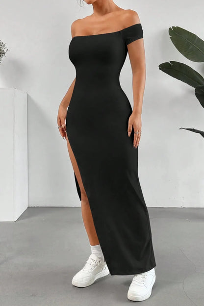 Off Shoulder Slit Maxi Dress - Premium Maxi Dress from Trendsi - Just $27.99! Shop now at Handbags Specialist Headquarter