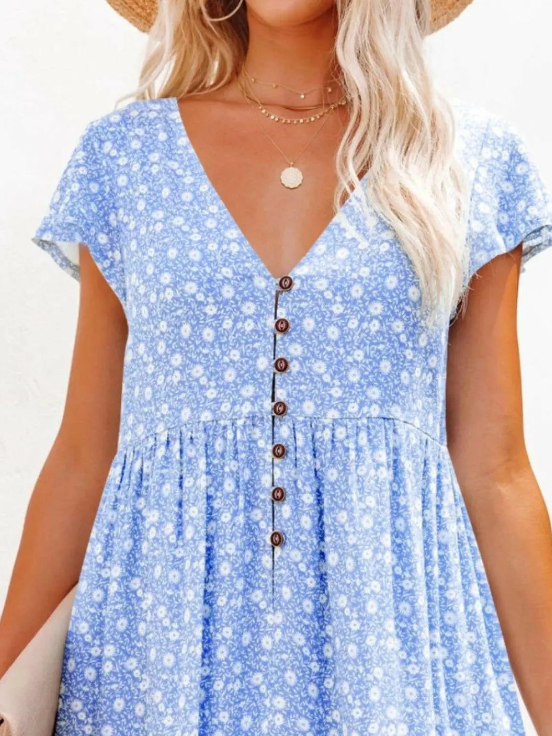 Full Size Floral V-Neck Flutter Sleeve Mini Dress Plus Size.