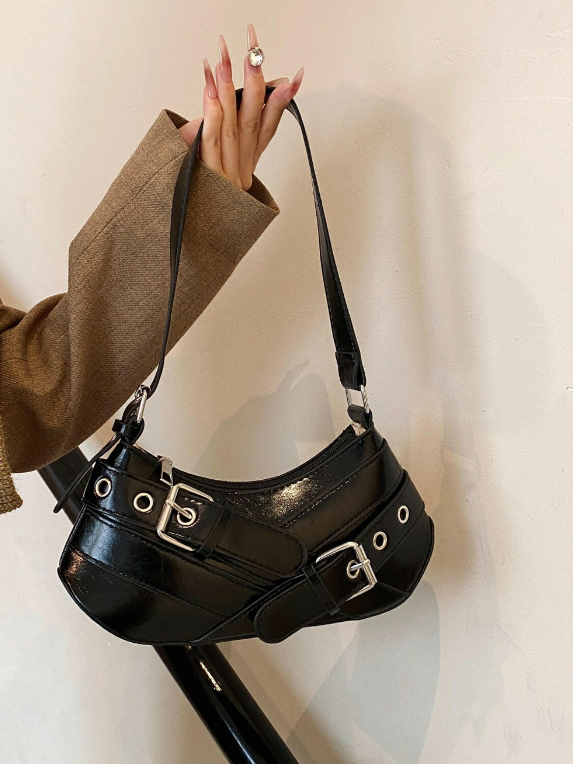 PU Leather Buckle Shoulder Bag.