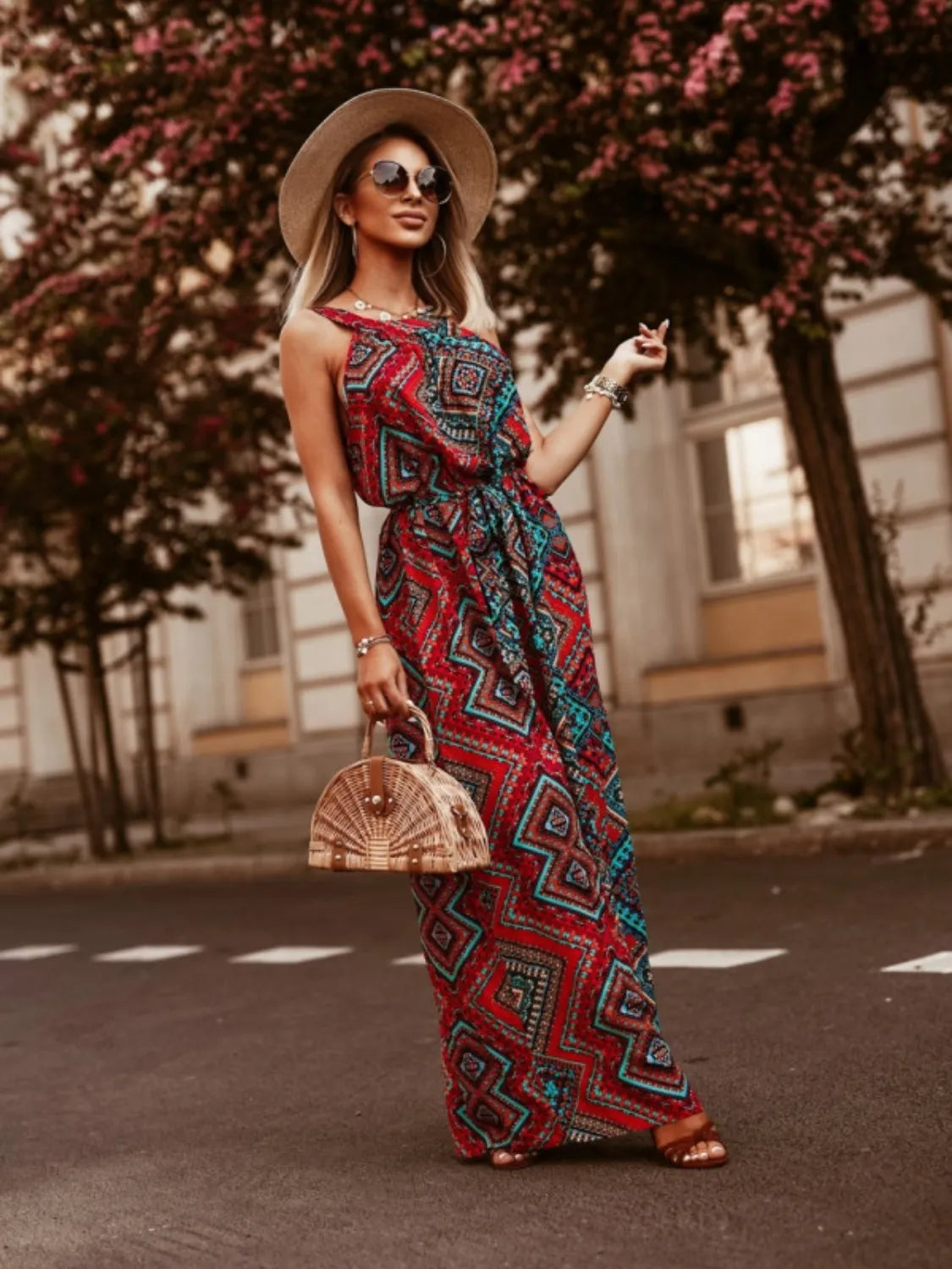 Printed Sleeveless Maxi Dress with Belted - Premium Maxi Dress from Trendsi - Just $34.99! Shop now at Handbags Specialist Headquarter